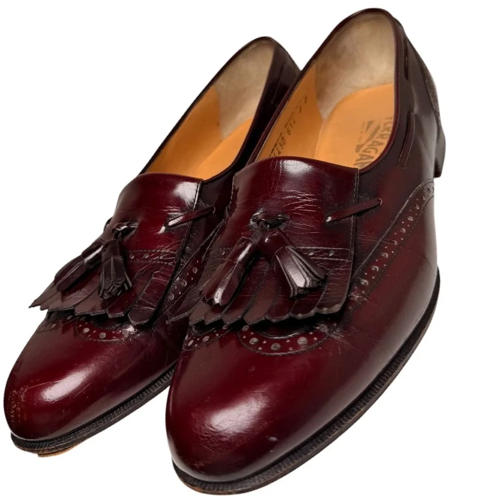 Vintage Ferragamo Kiltie Tassel Loafers Burgundy 8D